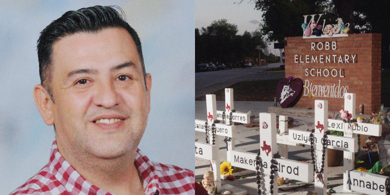 Photos of Arnulfo Reyes, a teacher at the Uvalde elementary school where 19 students were killed; memorial crosses of the slain students outside of Robb Elementary School in Texas.