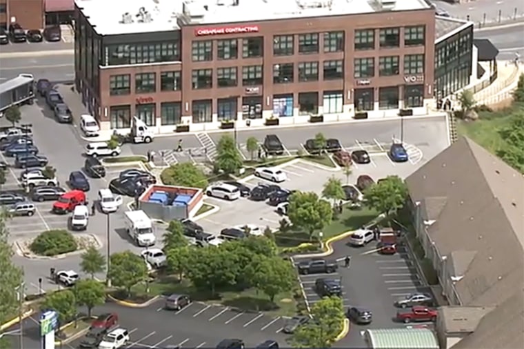 An aerial view of the parking lot area where the shooting occurred in Annapolis, Md., on May 5, 2023.