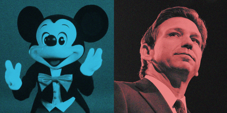 A side by side of Mickey Mouse with a blue overlay and Ron DeSantis with a red overlay