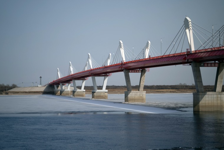 The cross-border bridge that connects the Chinese city of Heihe with the Russian city of Blagoveshchensk.