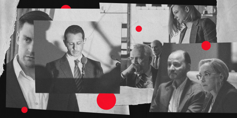 Photo illustration of the cast of HBO's Succession, with paper tears and red dots.