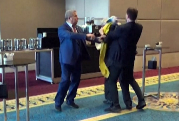 Oleksandr Marikovski, a Ukrainian member of parliament, landed several blows to the head of a Russian official after his Ukrainian flag was ripped from his hands during a summit at the Turkish parliament building on Thursday.
