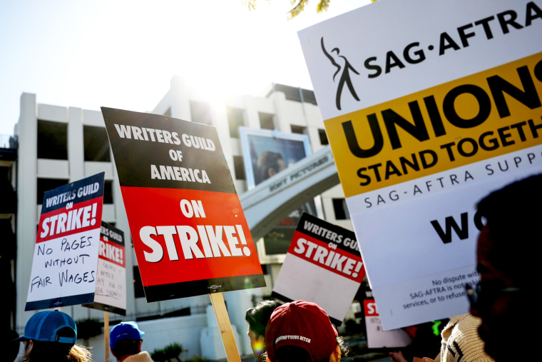 Writers Guild of America members rally in front of Sony Pictures in Culver City, Calif.