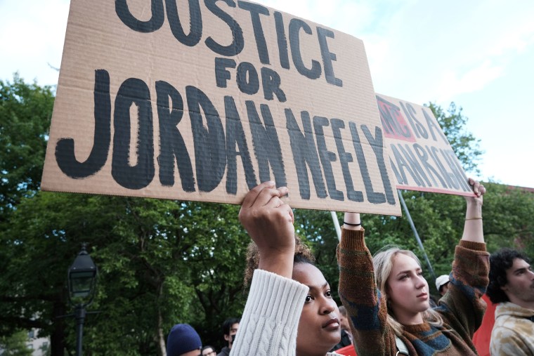 Protesters gather for a "Justice for Jordan Neely" rally in Washington Square Park on May 5, 2023 in New York City.  According to police and a witness account, Neely, who was 30 and a resident of a shelter, died after he was strangled to death by a 24-year-old man on a subway train in New York City on Monday.  Increasingly, activists are calling for the man who strangled Neely to be arrested.