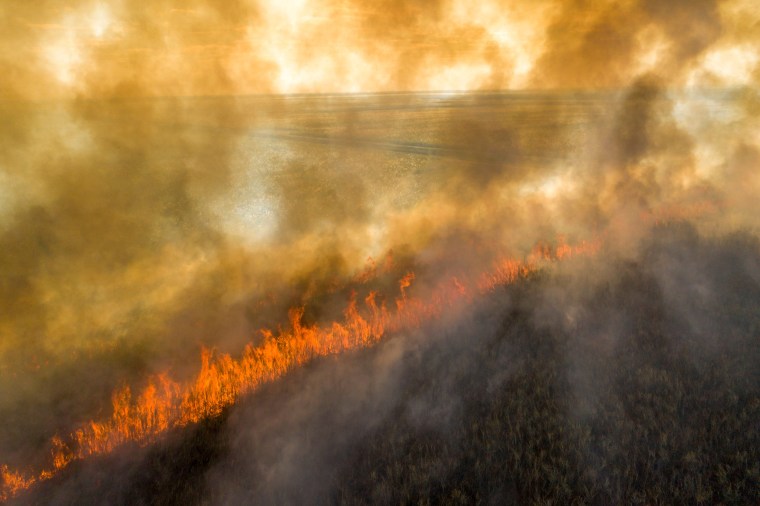 A sugar cane field burns before it is harvested in Okeelanta, Fla., in 2021. 