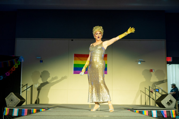 Dolly Would of Western North Carolina, rehearses her performance before a drag show and story hour at East Tennessee State University in Johnson City, Tenn. in March. 