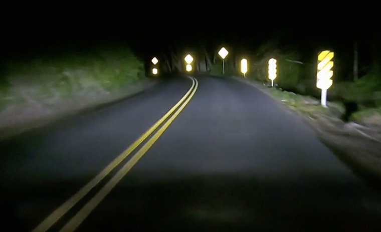 Streets signs reflect light from a car.