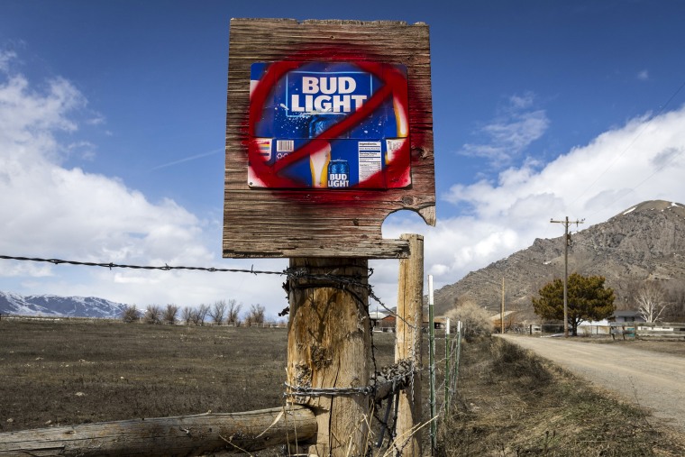 A sign disparaging Bud Light beer along a country road on April 21, 2023 in Arco, Idaho.