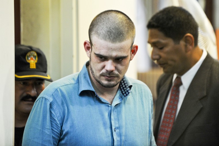 Dutch national Joran Van der Sloot arrives for a hearing at the Lurigancho prison in Lima on January 11, 2011. The trial for Van der Sloot, accused of killing a young Peruvian woman in 2010 and who also is a suspect in the disappearance years earlier of an American woman in the Caribbean, continues in Lima.