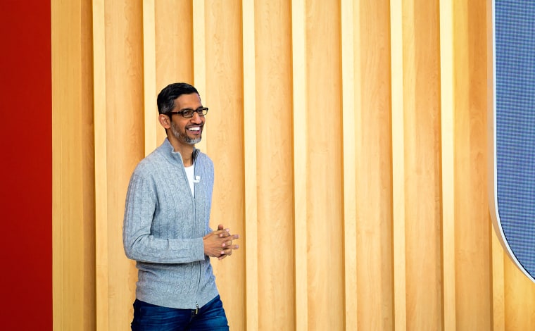 Image: Google CEO Sundar Pichai speaks during the Google I/O keynote session at Shoreline Amphitheatre in Mountain View, Calif., on May 10, 2023.
