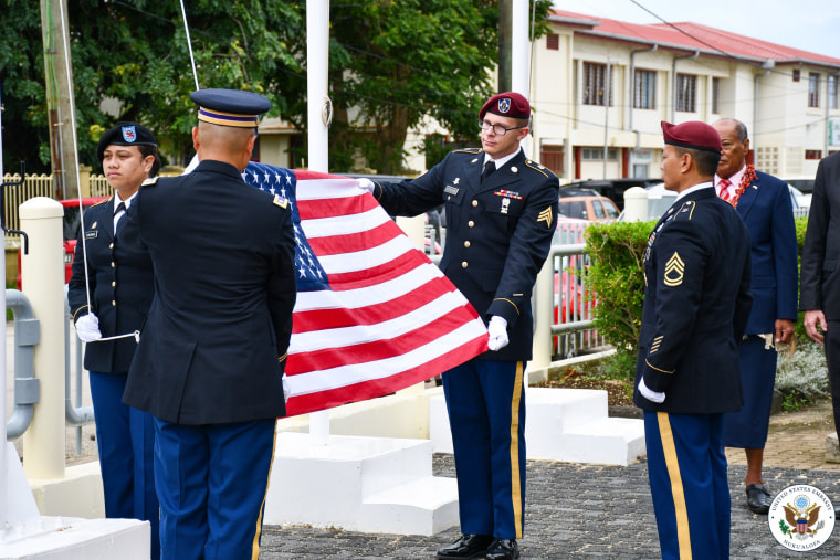 A flag-raising ceremony at the new U.S. Embassy in the Tongan capital, Nuku'alofa, on Tuesday.