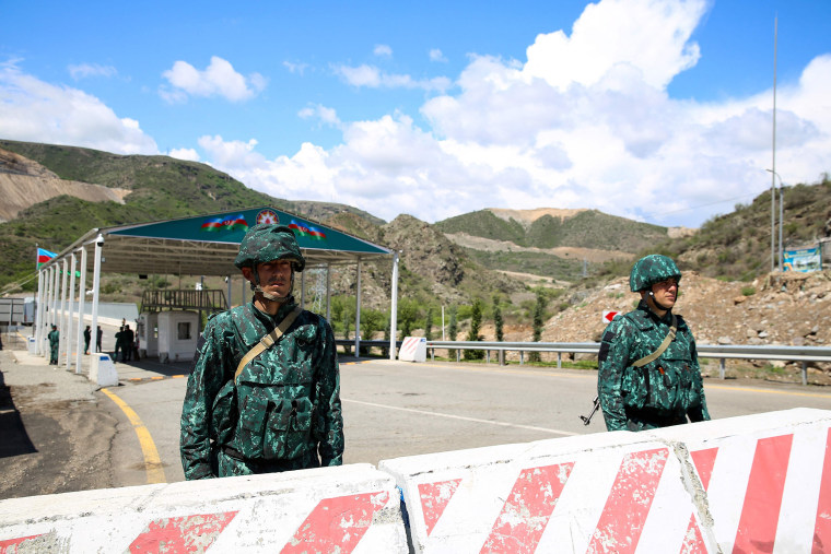 A view of an Azerbaijani checkpoint set up at the entry of the Lachin corridor, the Armenian-populated breakaway Nagorno-Karabakh region's only land link with Armenia on May 2, 2023.