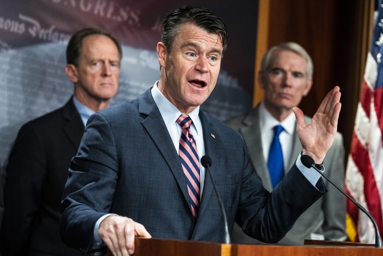 Todd Young, R-Ind., at a news conference at the Capitol on Aug. 3, 2022.