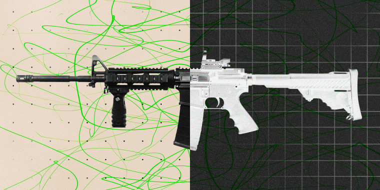 Photo illustration of an AR-15 on a background of data points, graph paper, and scribbles.