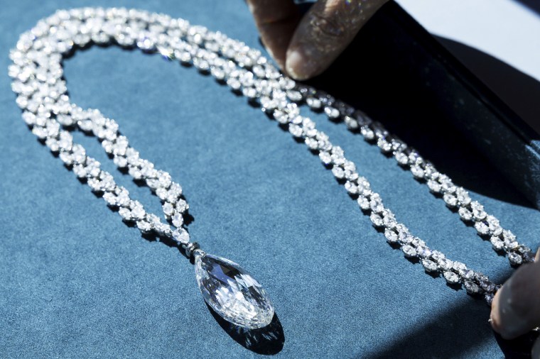 A 90.36 carat Briolette of India Diamond Necklace by Harry Winston at Christie's Auction House in Geneva, Switzerland, on May 8, 2023.