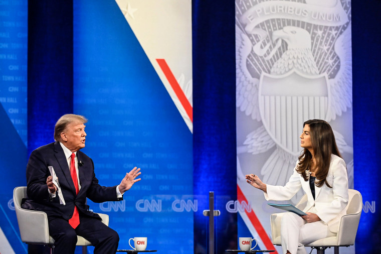 Former President Donald Trump participates in a CNN Republican Town Hall moderated by CNN’s Kaitlan Collins at St. Anselm College in Manchester, N.H., on May 10, 2023.