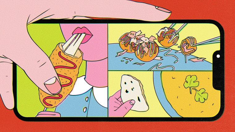Drawn illustration of a hand holding a phone, showing people eating a Korean corndog, naan dipped into dal, and takoyaki.