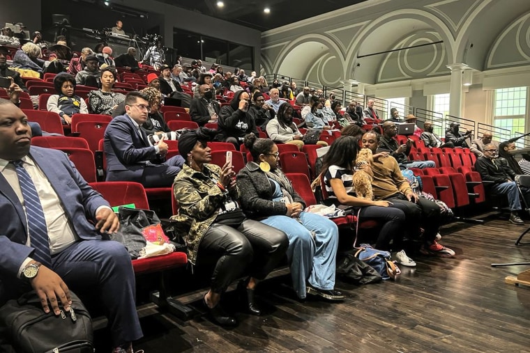 Image: People listen to the California reparations task force at a meeting at Lesser Hall in Mills College at Northeastern University in Oakland, Calif., on May 6, 2023.