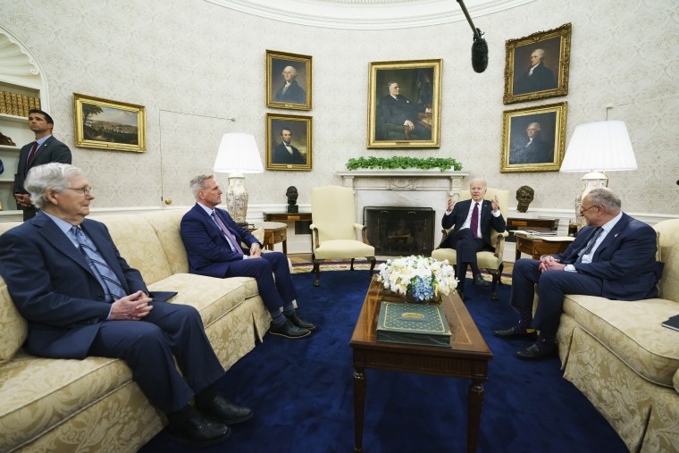 Senate Minority Leader Mitch McConnell, House Speaker Kevin McCarthy and Senate Majority Leader Chuck Schumer speak with President Joe Biden in the Oval Office on May 9, 2023.