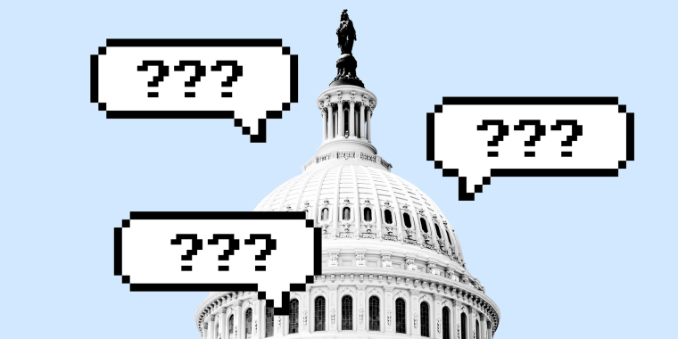 Photo Illustration: The U.S. Capitol surrounded by 8 bit chat bubbles that say "???"