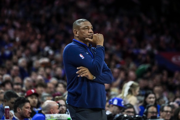 Image: Philadelphia 76ers coach Doc Rivers watches during the first half of Game 6 of the team's NBA basketball playoffs Eastern Conference semifinal against the Boston Celtics on May 11, 2023, in Philadelphia.