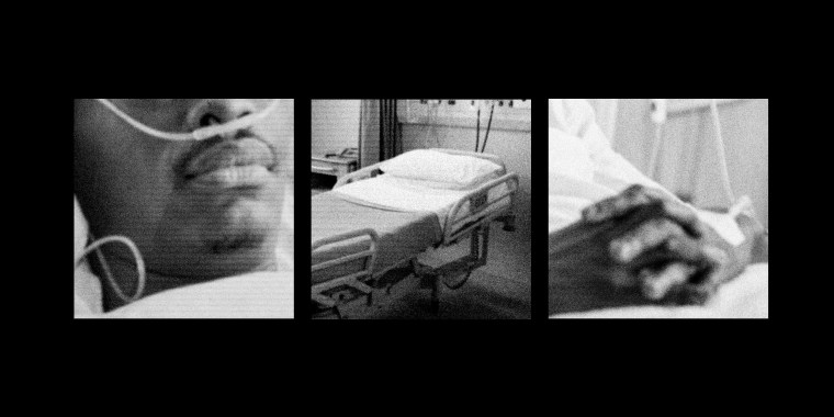 Photo Illustration: An African American bed hooked up to an oxygen tank; an empty hospital bed