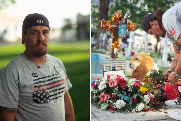 Brett Cross, who’s son Uziyah Garcia was killed in last year’s massacre at Robb Elementary School, sits near a memorial for his son in the Uvalde Town Square in Texas on April 25, 2023.
