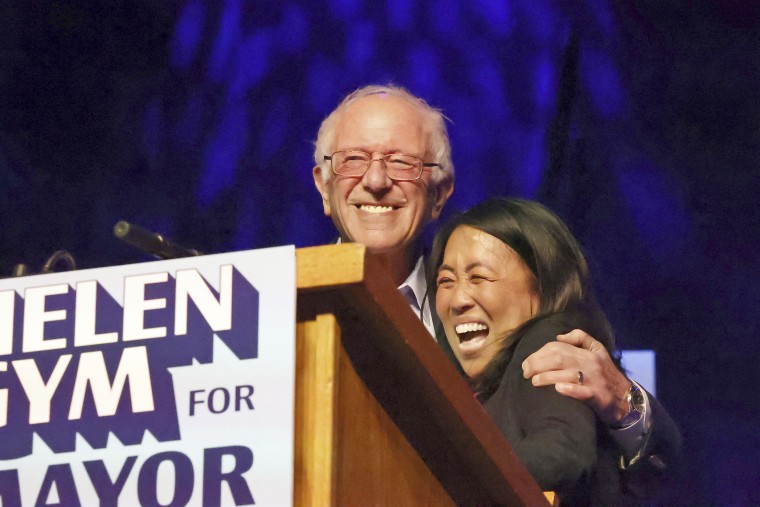 Sen. Bernie Sanders, I-Vt., joins Philadelphia's Democratic mayoral candidate Helen Gym at a rally on May 14, 2023. 