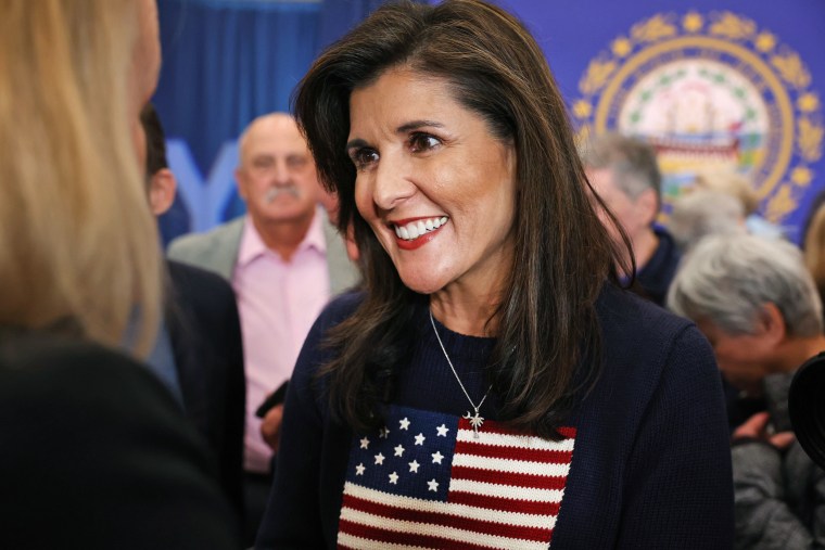 Republican presidential candidate Nikki Haley greets voters at a town hall event in Bedford, N.H., on April 26, 2023.