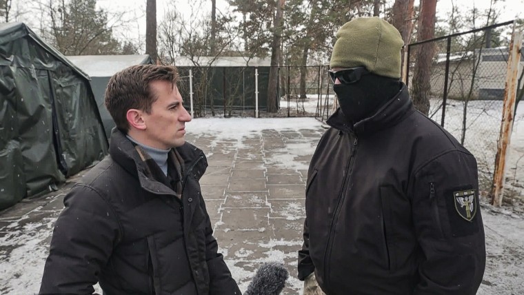 Former U.S. special forces soldier Nick Maimer speaks to NBC News' Raf Sanchez in Ukraine Feb. 2023.