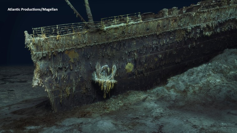 The bow of the Titanic, which sank in 1912, resting on the ocean floor. 