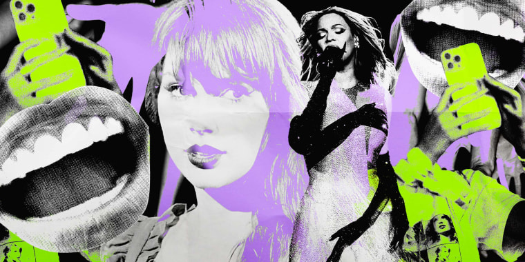 Photo Illustration: A collage of images including an open mouth, hands holding iPhones, Taylor Swift, and Beyoncé