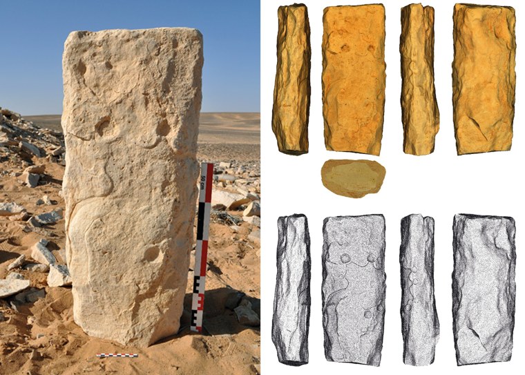A monolith discovered at the Jibal al-Khashabiyeh site in the Jordanian desert and 3D scans revealing engravings in greater detail. 