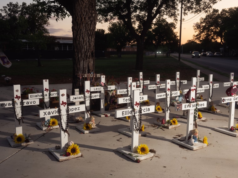 The memorial to the victims of the massacre at Robb Elementary School on April 25, 2023 in Uvalde, Texas.