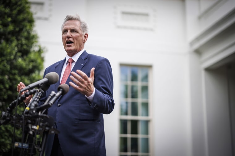 House Speaker Kevin McCarthy speaks to members of the media after a meeting with President Joe Biden at the White House on May 16, 2023.