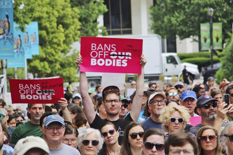 Abortion-rights supporters rally outside the North Carolina Legislative Building in Raleigh, N.C, on May 13, 2023.