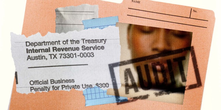 Photo Illustration: A collage of IRS documents and a blurred image of a Black woman, stamped with the word  'AUDIT'