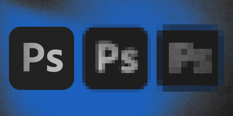 Photoshop logos, pixelated against a grainy blue and grey background 