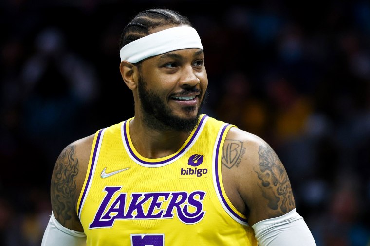 Carmelo Anthony of the Los Angeles Lakers during a game against the Charlotte Hornets in Charlotte, N.C., on Jan. 28, 2022.