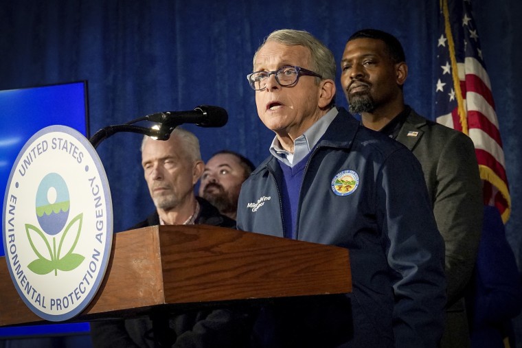 Ohio Gov. Mike DeWine speaks during a news conference in East Palestine, Ohio on Feb. 21, 2023.