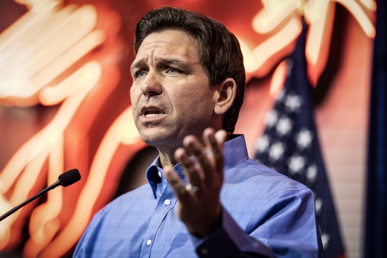 Florida Gov. Ron DeSantis speaks during the annual Feenstra Family Picnic at the Dean Family Classic Car Museum in Sioux Center, Iowa, on May 13, 2023. 