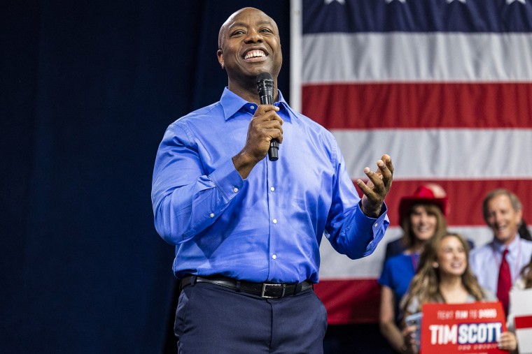Image: Republican presidential candidate Tim Scott delivers his speech announcing his candidacy for president of the United States on the campus of Charleston Southern University in North Charleston, S.C., on May 22, 2023.