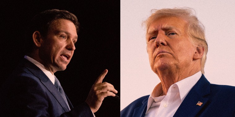 Side-by-side images of Ron Desantis and Donald Trump 