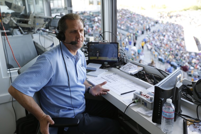 Oakland A's broadcaster Glen Kuiper in the pressbox during a game against the Chicago White Sox at Hohokam Stadium in Mesa, Ariz.