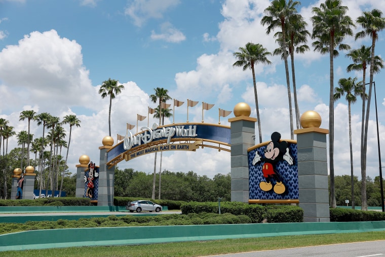  A sign near an entranceway to Walt Disney World on May 22, 2023 in Orlando, Fla.