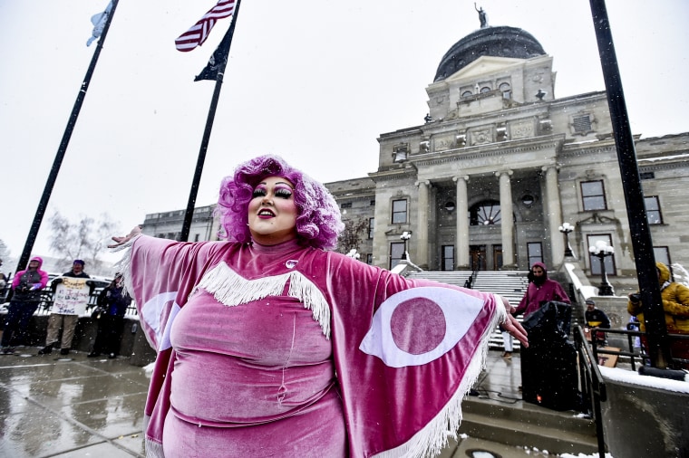 A drag show held in protest of a slate of bills targeted against the transgender community in Helena, Mont., on April 13, 2023.