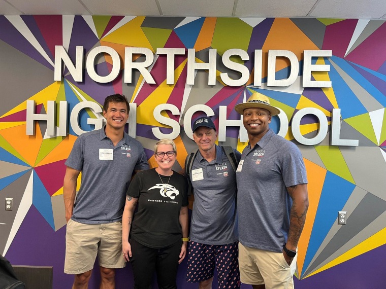 From right, Cullen Jones, Rowdy Gaines, Elizabeth Beisel, and Nathan Adrian at Northside High School in Houston