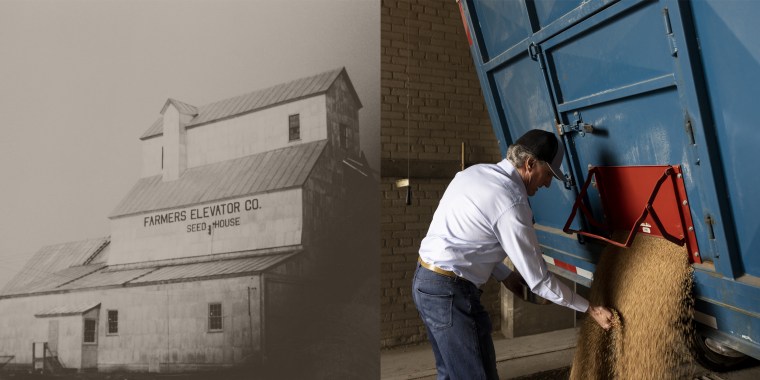 A side by side showing an archival photo of the family's grain elevator and Doug Doug Burgum at the facility.
