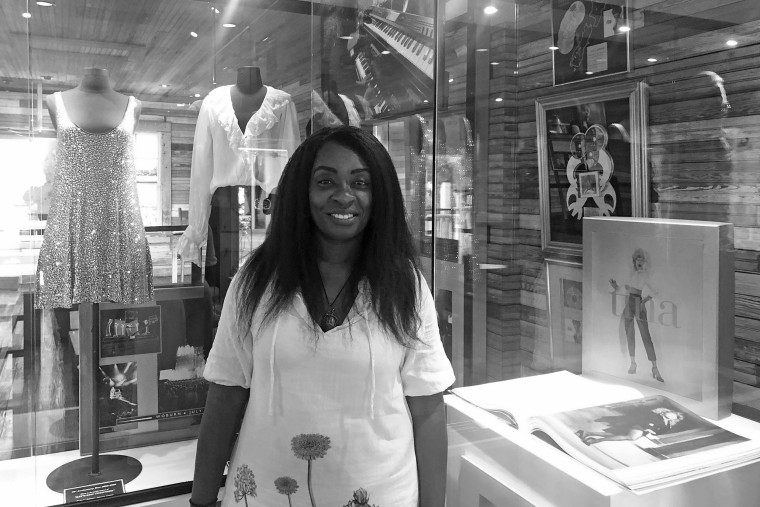 Lisa Lyons, 56, inside the Tina Turner Museum at the Flagg Grove School at the West Tennessee Delta Heritage Center on May 24, 2023, in Brownsville, Tenn.