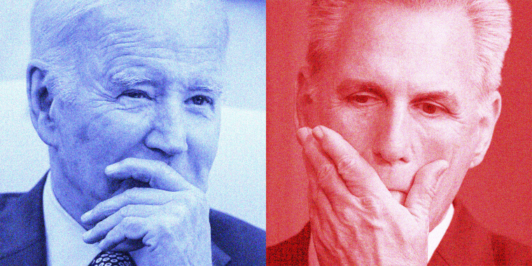 A side by side of Joe Biden with a blue overlay and Kevin McCarthy with a red overlay.